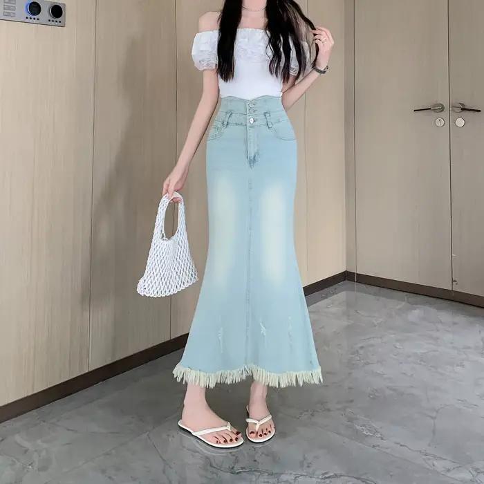 Jupe longue en jean style américain pour femme, coupe queue de poisson, taille haute, effet aminciss