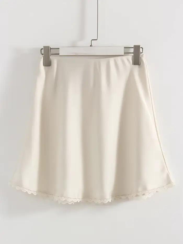 Mini-jupe en satin Streamgirl avec dentelle pour femme, jupe courte élégante noire en satin coupe tr
