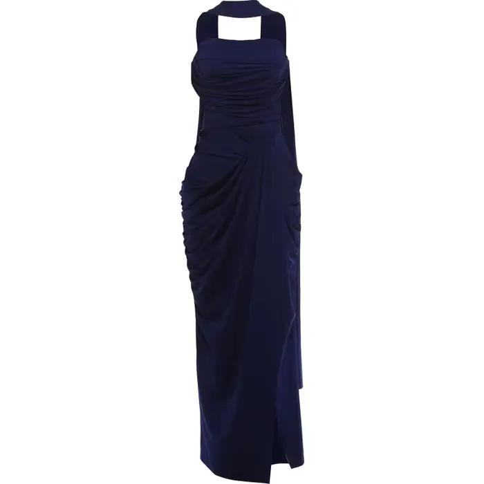 Whatiwear Long Ruban + Maxi Robe Banquet De Mode Plis Élégant Haute Fente Poitrine Wrap D'été Skinny