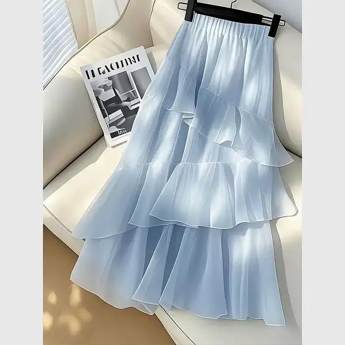 Jupe en tulle à volants pour femme - Jupe longue à taille haute et à volants en forme de A
