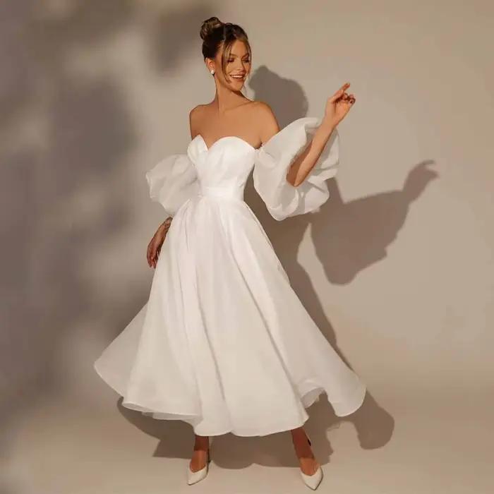 Robe de mariée mi-longue ligne A, manches bouffantes, robe courte, robes de patients simples, dos nu