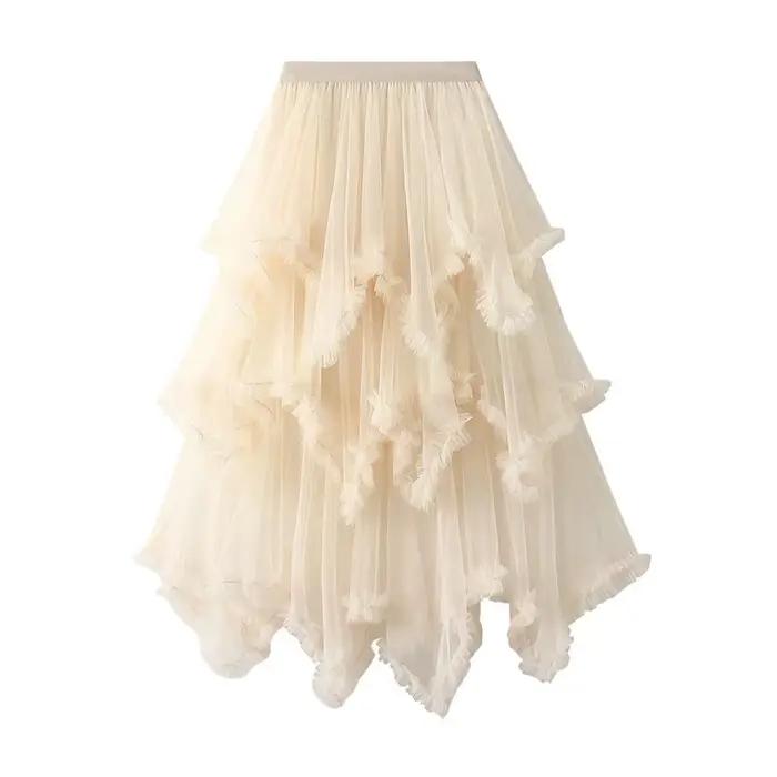Jupe d'été en tulle pour femme, tenue de Rhélégante, taille haute, chic, maille irrégulière