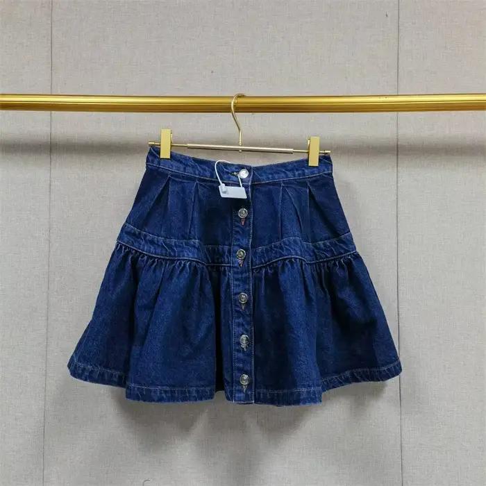 Jupe en jean plissée pour femme, coupe trapèze, taille haute, bleu tendance, simple boutonnage, mini