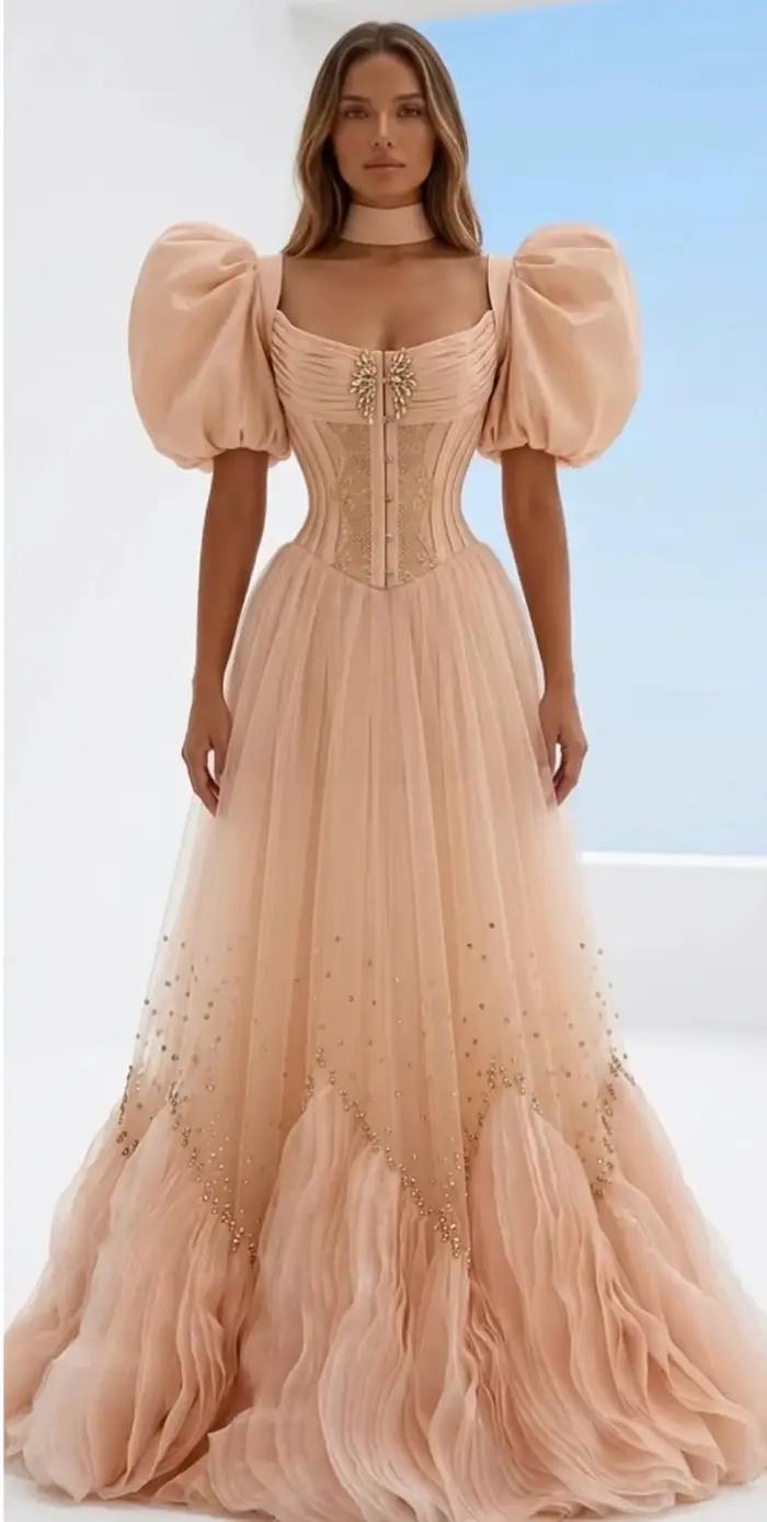 Robes de bal longues couleur champagne, transparentes et perlées, style Arabie Saoudite Dubaï, Robe 