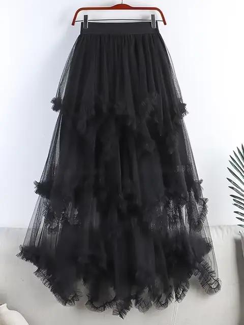 Jupe longue en tulle pour femme, jupe maxi taille haute, maille irrégulière, esthétique coréenne mig
