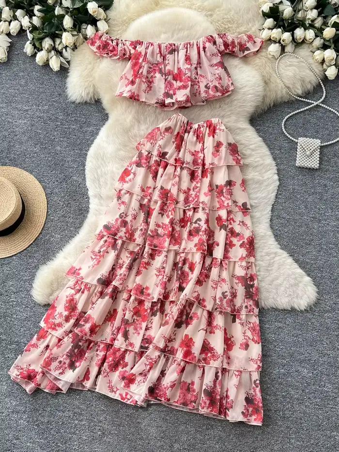 Ensemble jupe et haut chic à imprimé floral pour femme, style épaules dénudées, avec haut court à ma