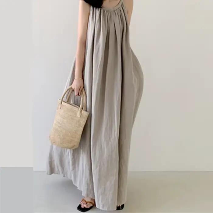 REALEFT-Robe Longue en Coton et Lin Précieux pour Femme, Vintage, Col Rond, Sans Bretelles, Nouvelle