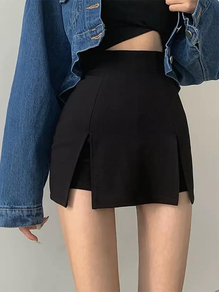 Jupe courte fendue sexy pour femmes, tenue de bureau, imbibée, mini pantalon trapèze noir, taille ha