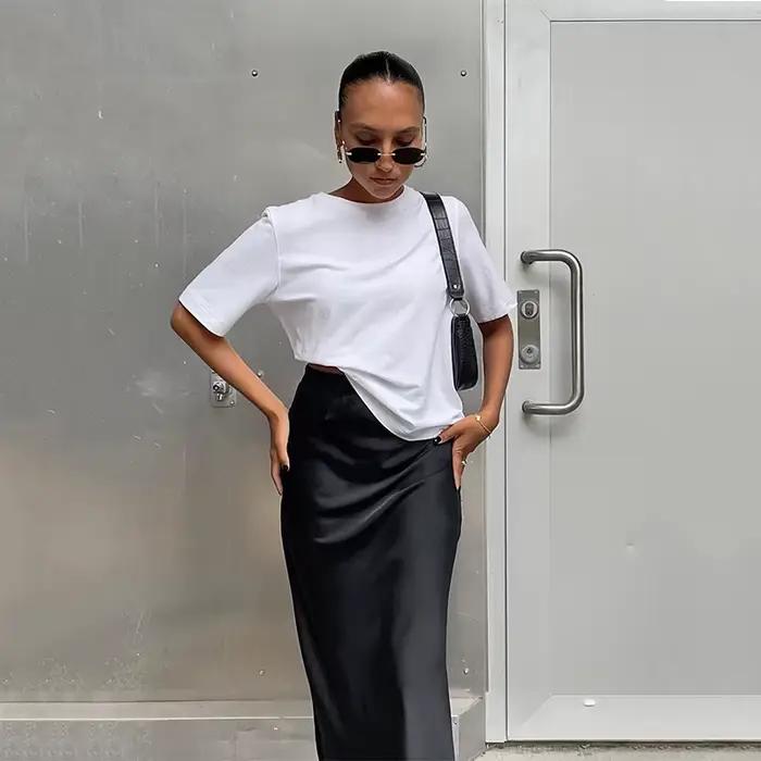 Jupes trompette élégantes en Satin noir, mode Slim, taille haute, jupe longue de bureau pour femmes,
