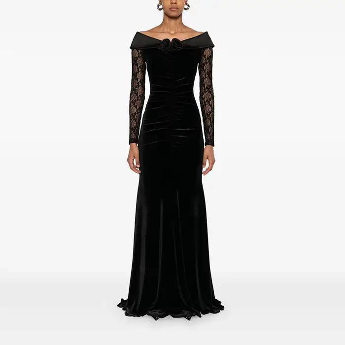 Robes de soirée noires simples, épaules dénudées, manches longues, robes de bal élégantes longues ju