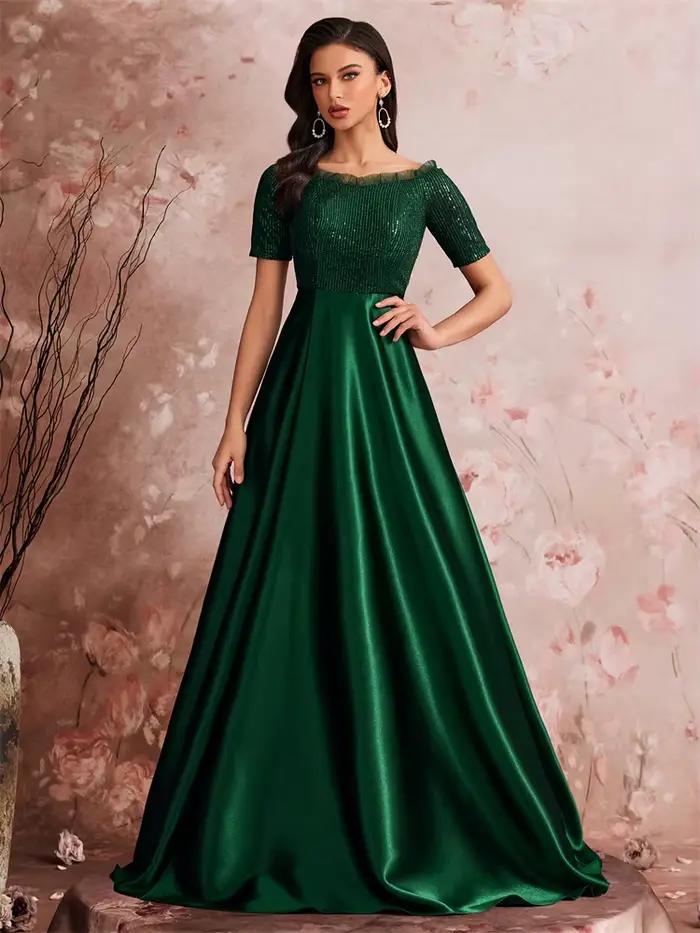 Robe de soirée de luxe en Satin vert, col en v, pour femmes, fête de mariage, bal, longueur au sol, 