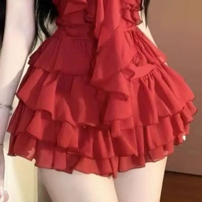 Sexy à volants coupe ajustée licou femmes hauts Mini jupe 2 pièces ensemble fille chaude Style Desig