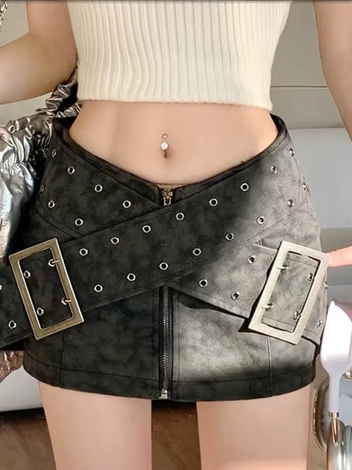 Demi-jupe en denim avec ceinture asymétrique pour femme, streetwear sexy, design décoratif, nouvelle