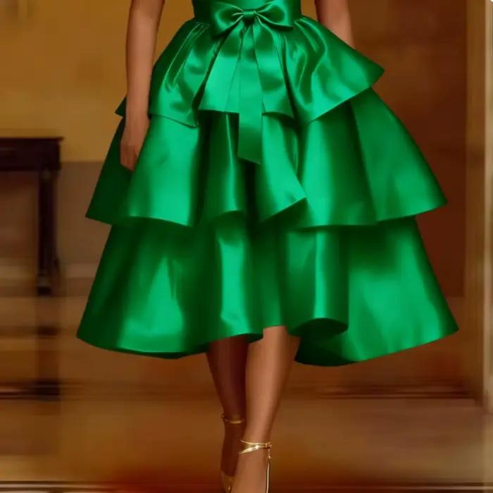 Femmes élégantes brillant Satin une ligne gâteau jupe taille haute volants à plusieurs niveaux fête 