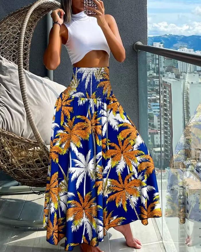 Jupe longue à taille haute pour femme, imprimé floral, silhouette en A, pour les vacances d'été à la