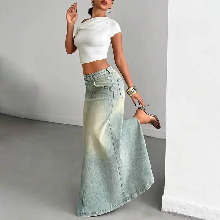 Jupe longue fendue en jean pour femme, taille basse, amincissante, tendance et polyvalente pour le q