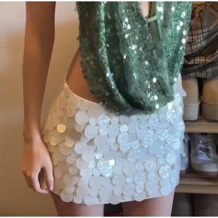 Jupe Courte Femme Chic à Paillettes Taille Haute Coupe Trapèze pour la Plage, Collection Printemps-É