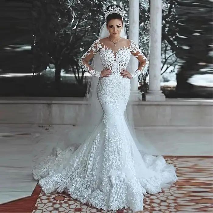 Robe de mariée à manches longues pour femmes, dentelle brillante, patients musulmans, quelle que soi