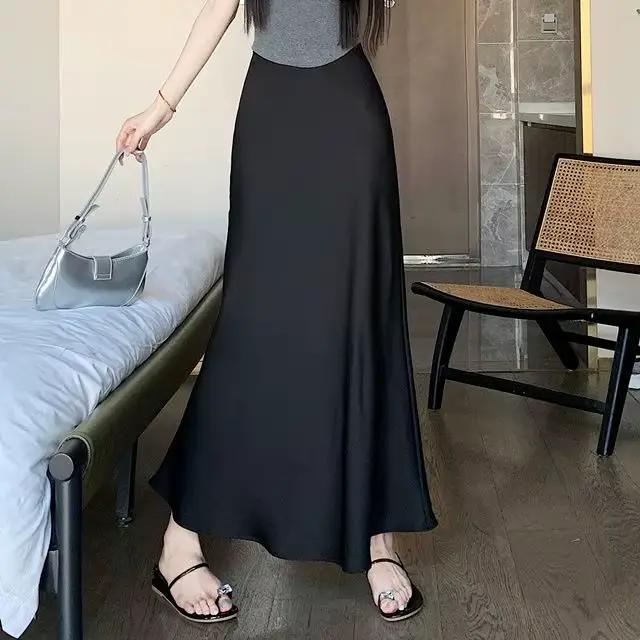 Jupes longues en Satin élégantes pour femmes, vêtements de mode coréenne, taille haute élastique, ju