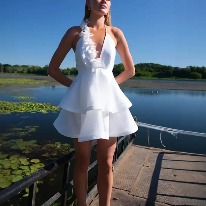 Nouvelle Robe Courte à Bretelles 2026, Col en V Profond, Fleurs en Relief, Blanc Pur