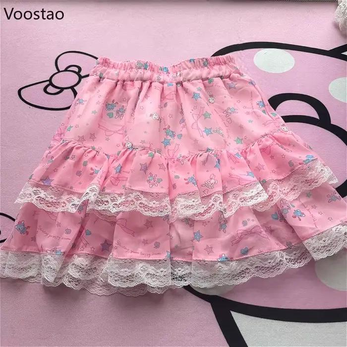 Mini jupe Style Lolita rose pour femmes, jupe gâteau en dentelle imprimée ours lapin de dessin animé