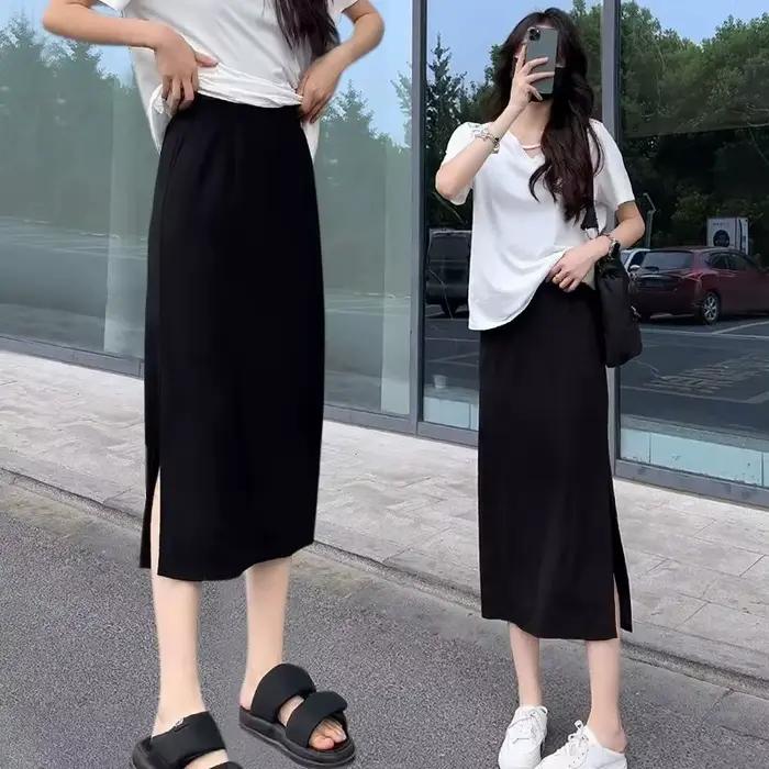 Jupe midi noire grande taille à fente latérale pour femme, nouveau style printemps-été, jupe trapèze