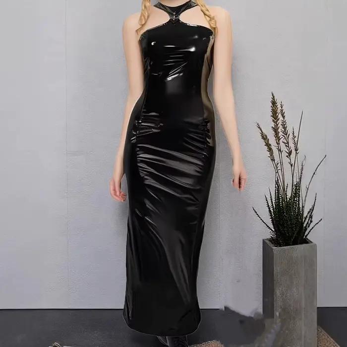 Robe midi en similicuir brillant à épaules dénudées pour femme, robe longue sans manches pour soirée