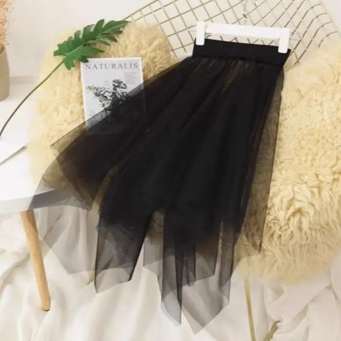 Jupe longue transparente en dentelle et tulle, noire et blanche, style irrégulier, pour fille