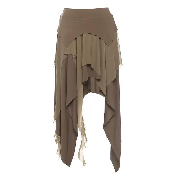 SylCue froncé élégant jupes longues femmes haute rue Style solide irrégulière ourlet fendu taille ha