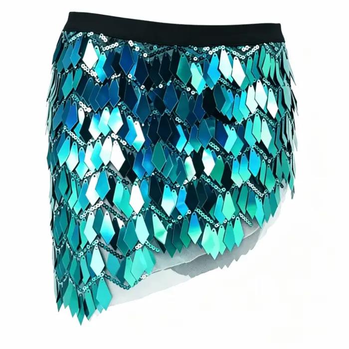 Mini-jupe à sequins holographiques, design à lacets, multicolore, jupe de danse du ventre, style env