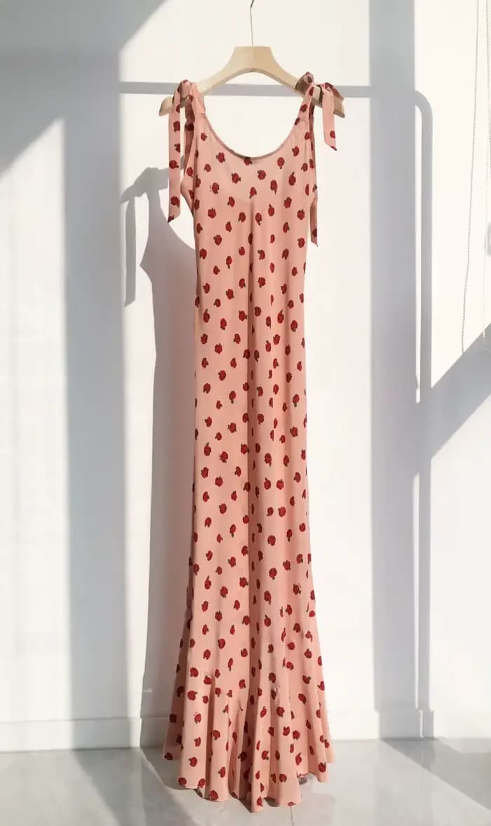 Robe longue rose 100% soie pour femmes, col en U, sans manches, taille haute, élégante, robe féminin
