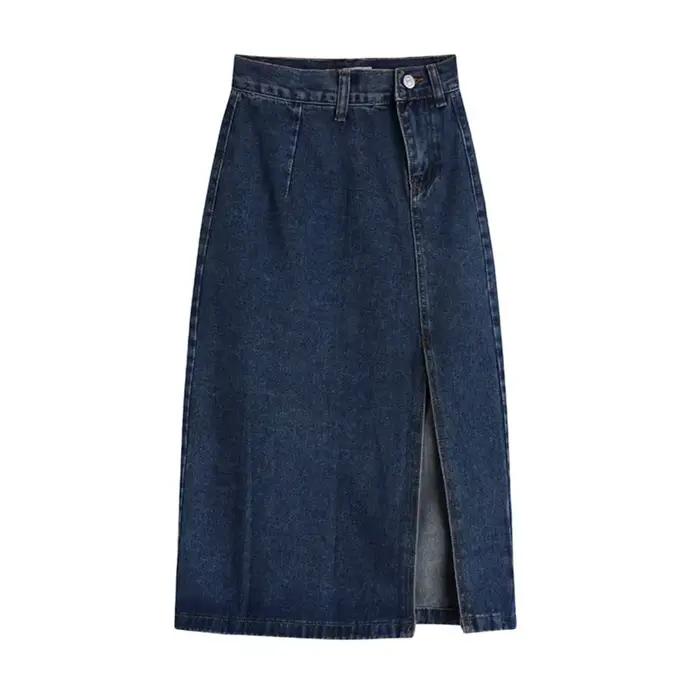 REALEFT-Jupe crayon mi-longue en jean pour femme, fendue sur le côté, taille haute, droite, ligne A,