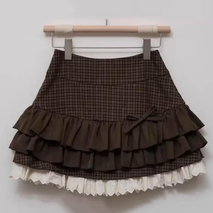 Mini-jupes Sweet Lolita pour femmes, style Y2K, Kawaii, avec patchwork de dentelle et nœud, jupe à v