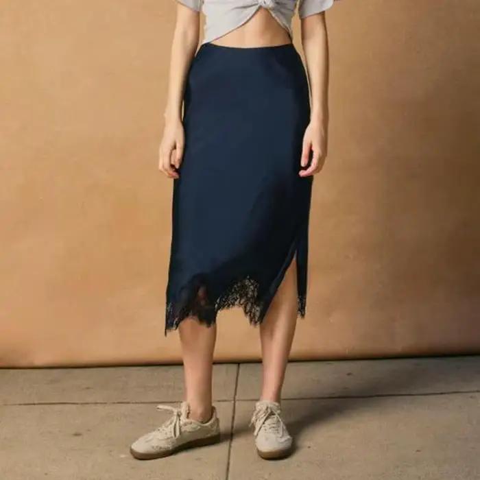 Jupe longue en Satin de soie pour femmes, demi-glissement, dentelle, Patchwork, taille élastique, fe