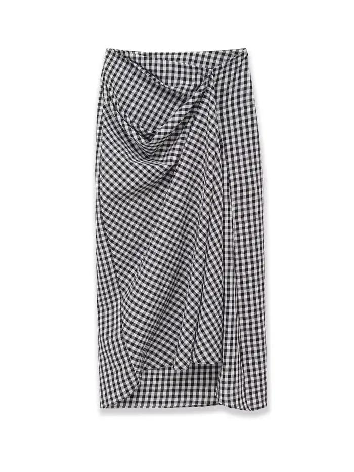 Jupe portefeuille élégante à carreaux vichy taille haute asymétrique fendue mi-longue pour femme ETJ