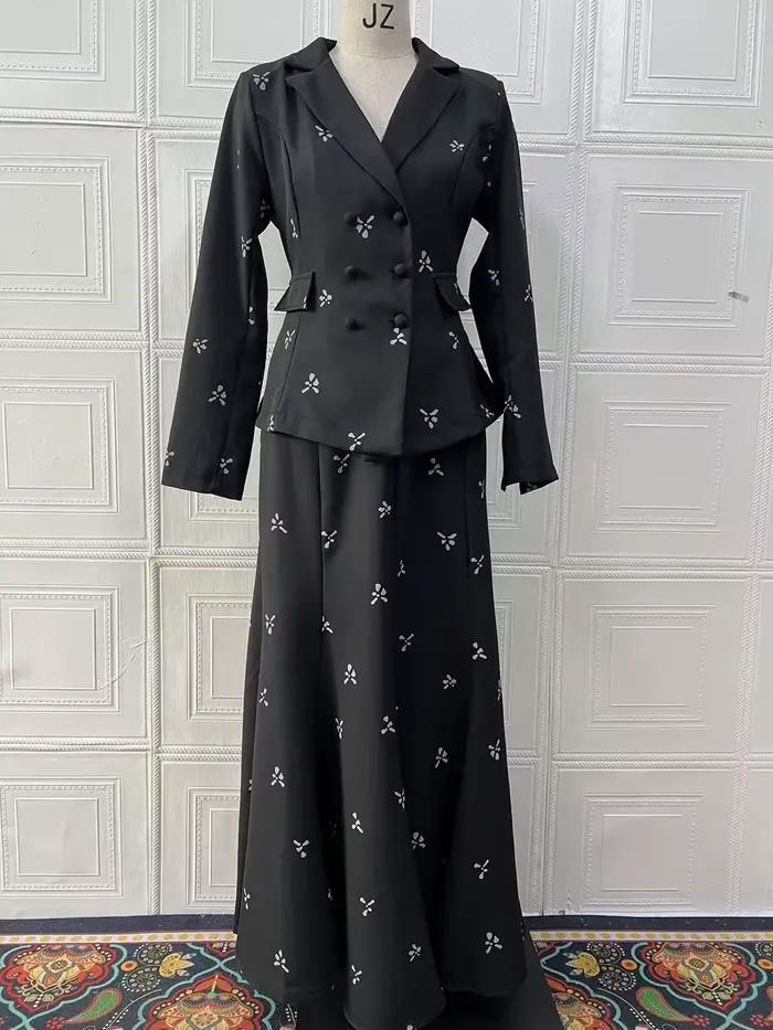 Femmes jupe longue costume veste 2 pièces Ensemble imprimé tenues haut jupes Blazer manteau musulman
