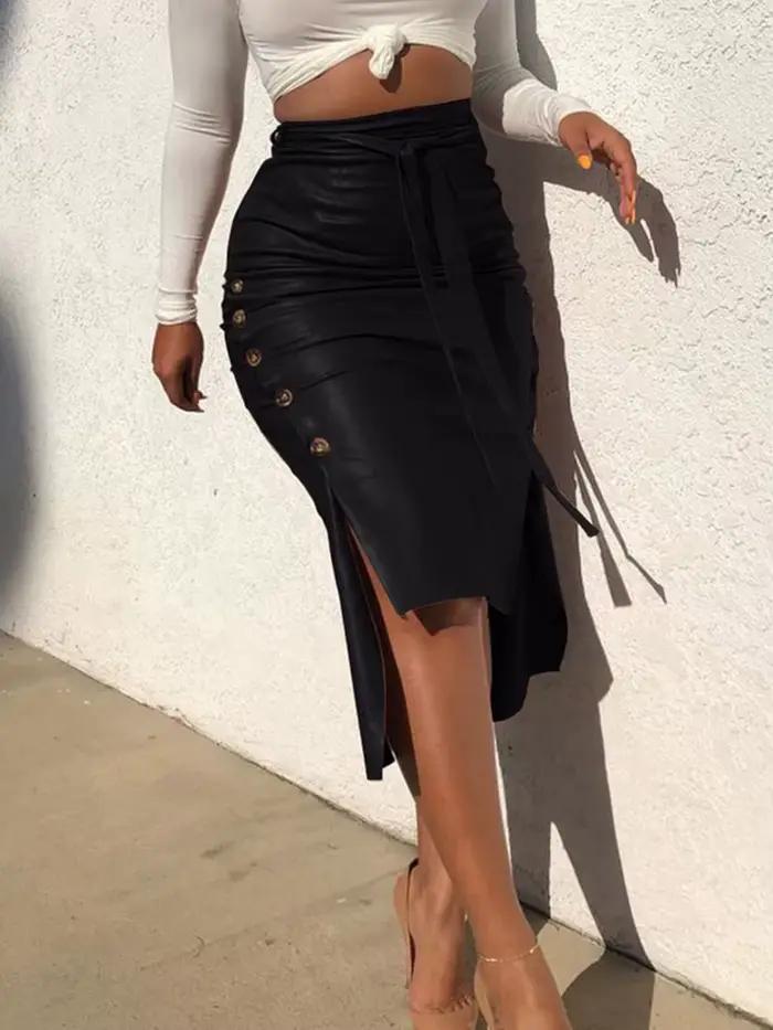 Jupe mi-longue en cuir PU pour femmes, couleur unie, taille haute, à lacets, bouton latéral, Slim, c