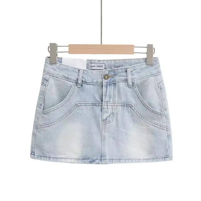 Mini jupe courte en jean pour femmes, jupe en jean, sexy, slim, couleur unie, poches, épissée, décon