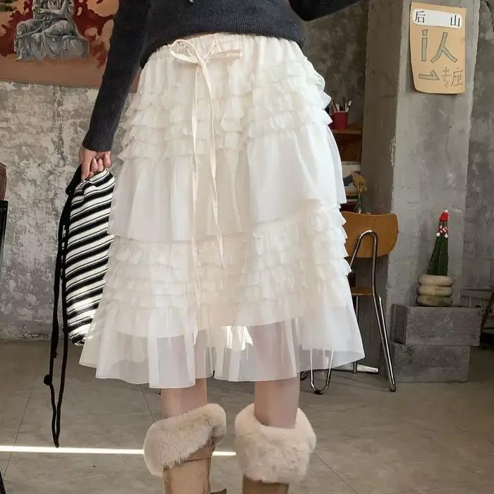 Jupe en maille française pour femme, collection Printemps 2026, taille haute, coupe ample à plis en 