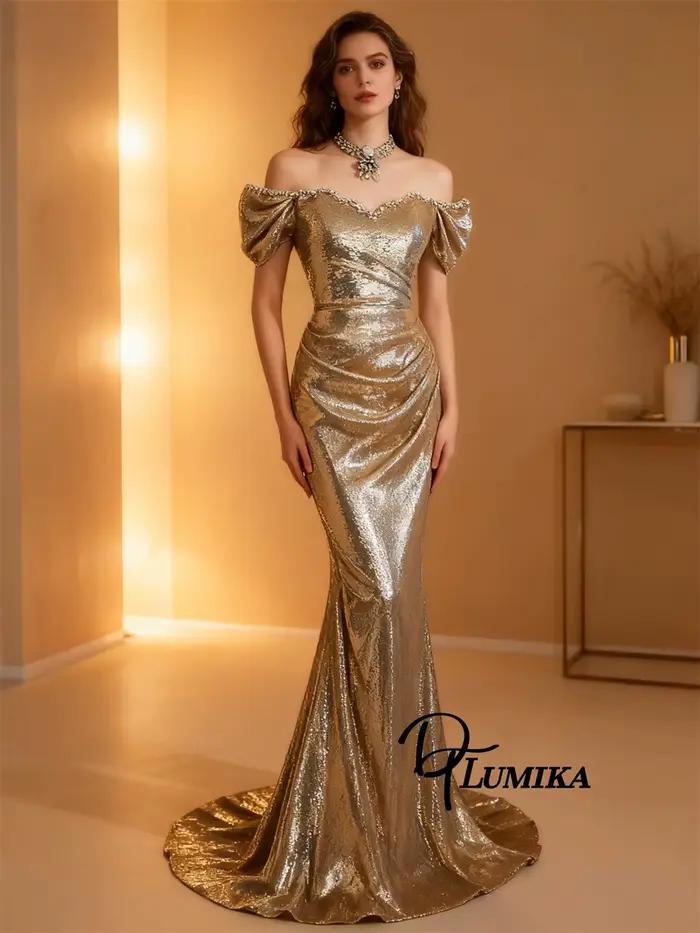 DTLumika - Robe longue à paillettes dorées, manches épaules dénudées, col en cœur perlé, longue gain