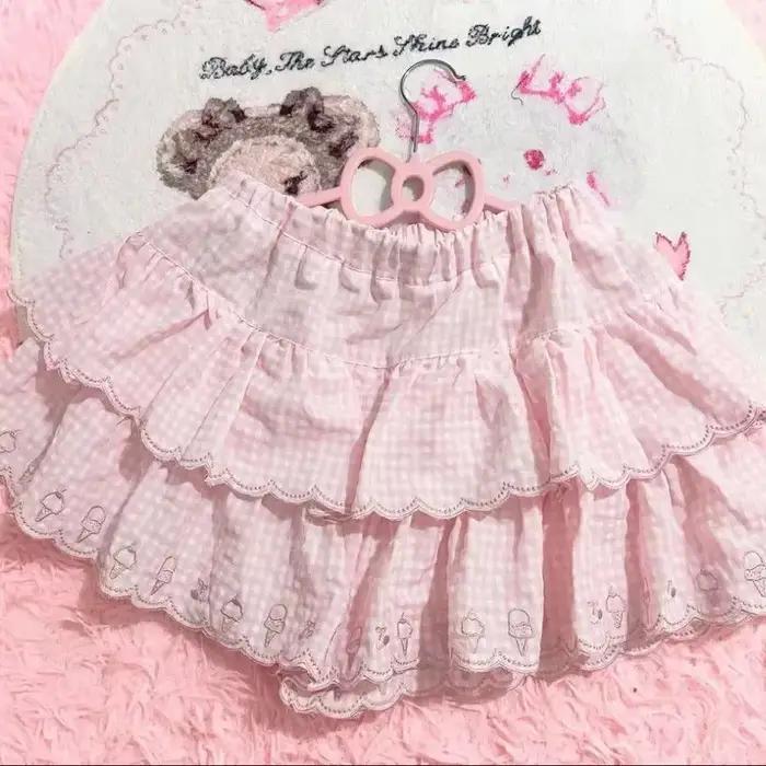 Jupe courte de style japonais Kawaii pour femmes, taille haute, Harajuku, mode, plaid rose brodé, mi