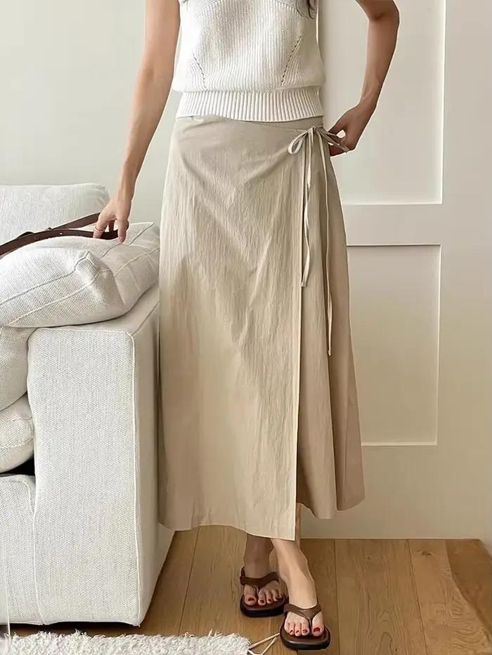 Jupe longue pour femme, en coton, style coréen chic, jupe droite pour femme, couleur unie kaki, tail