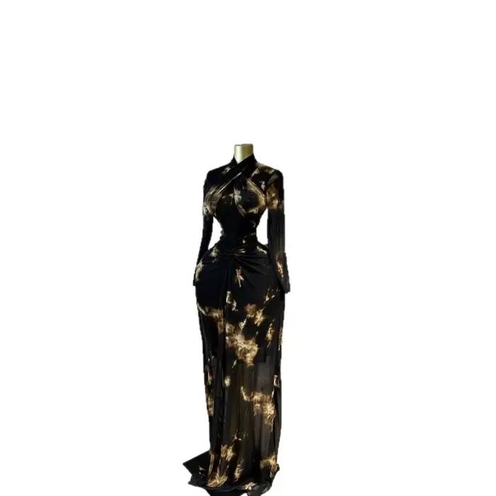 Robe longue imprimée pour femme, style Y2K streetwear, sexy, manches longues, moulante aux hanches, 