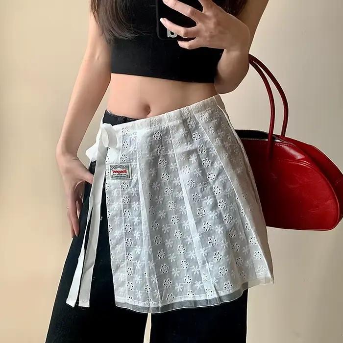 Jupe mi-longue ajourée en dentelle superposée avec ceinture, jupe d'été en gaze pour femme, accessoi