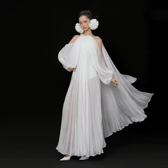 Robe de soirée longue en mousseline plissée transparente pour femme, avec manches bouffantes et dos 