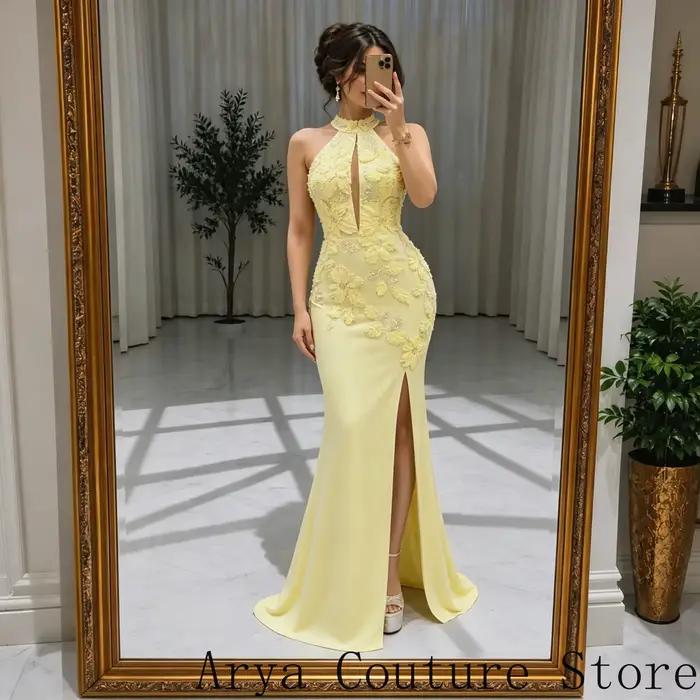 Robe de soirée jaune personnalisée pour invitées de mariage, col halter, découpe frontale en forme d