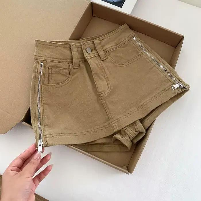 Jupe-short en jean taille haute kaki pour femme, nouvelle collection été, coupe ajustée, style décon