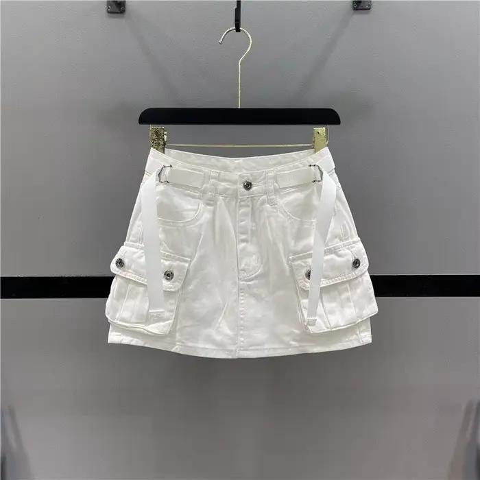 Jupe mini cargo taille haute pour femme, jupe utilitaire en denim de couleur unie avec poches, mode 