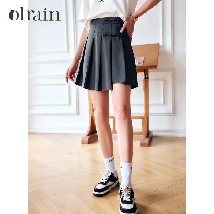Jupe plissée OLrain pour femme, style français, gris anthracite, taille haute, effet rajeunissant, c