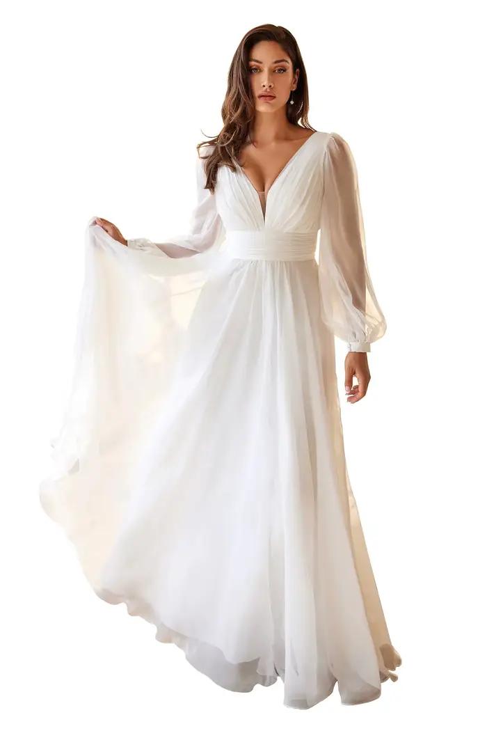Robes De mariée simples pour mariée, col en V, manches longues, en mousseline De soie, robe De marié